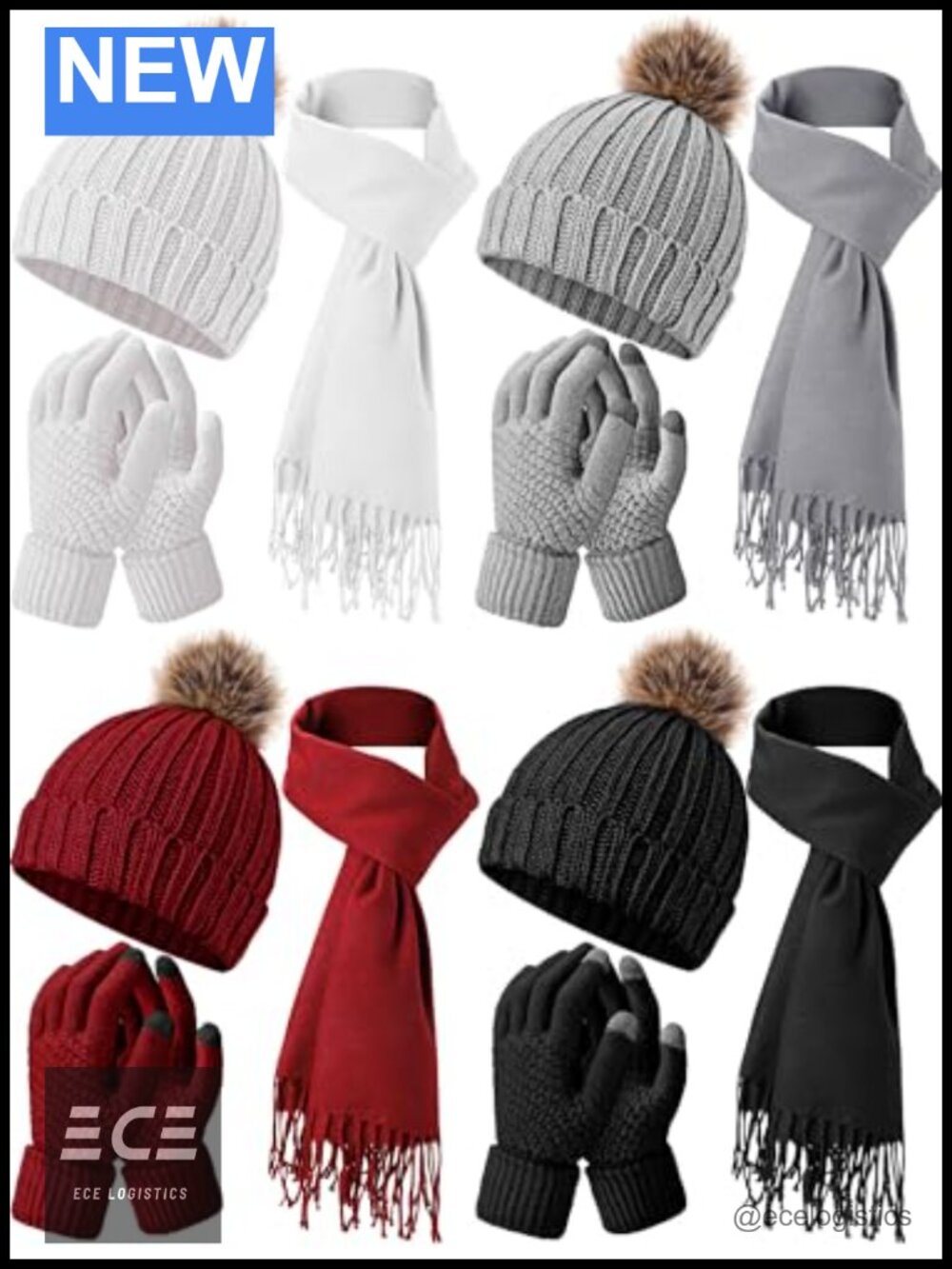 12 Pc Winter Set Knit Beanie Long Scarf Touch Screen Gloves Acrylic